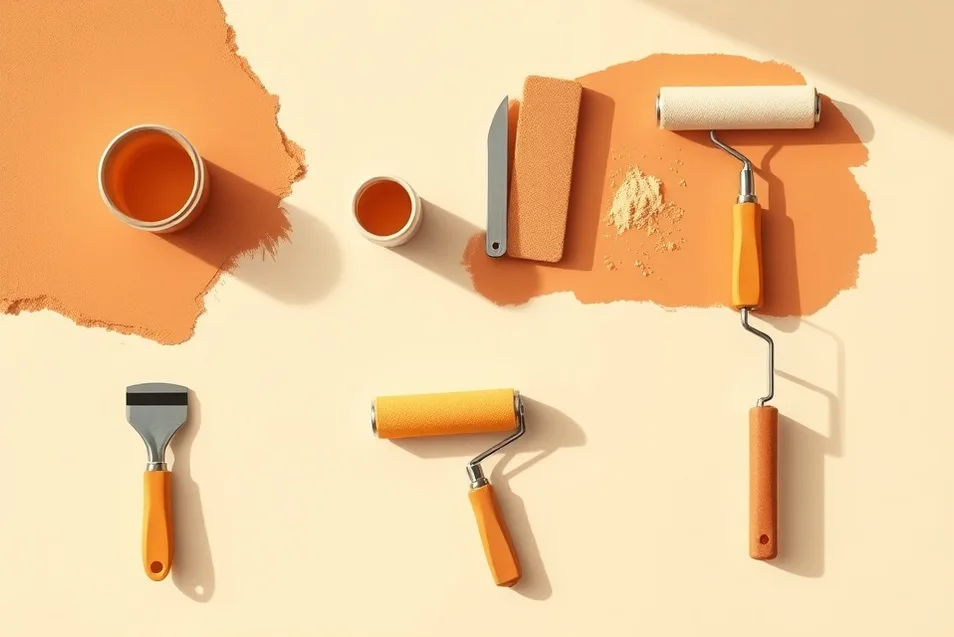 Outils de peinture disposés dans l'ordre des étapes du chantier