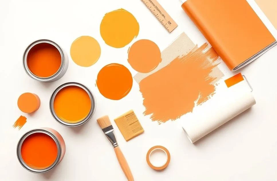 Pots de peinture, nuancier, brosses et rouleaux disposés à plat