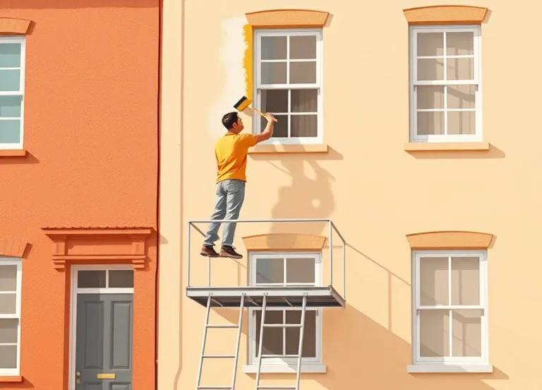 Peintre sur échafaudage traitant la façade d'une maison